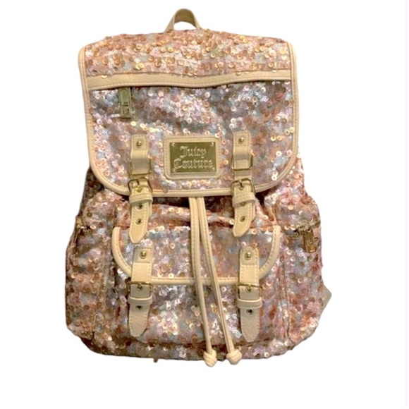 Juicy Couture Y2K Gold Sequence Bling Leather Straps Backpack - Picture 1 of 9